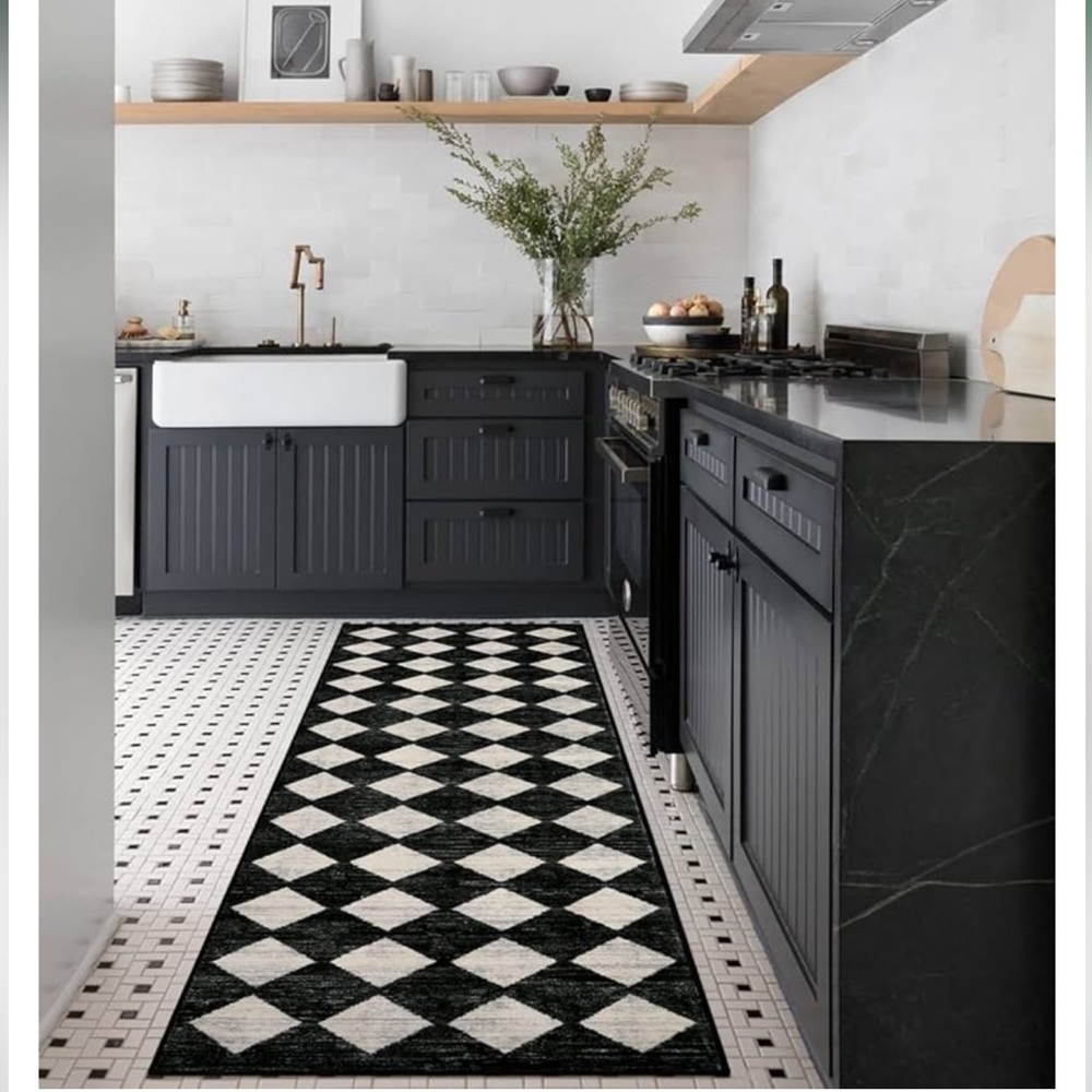 🆕 MC Style Rug Black & Ivory Check Checker Plaid 2’ x 8’ WASHABLE Long Runner